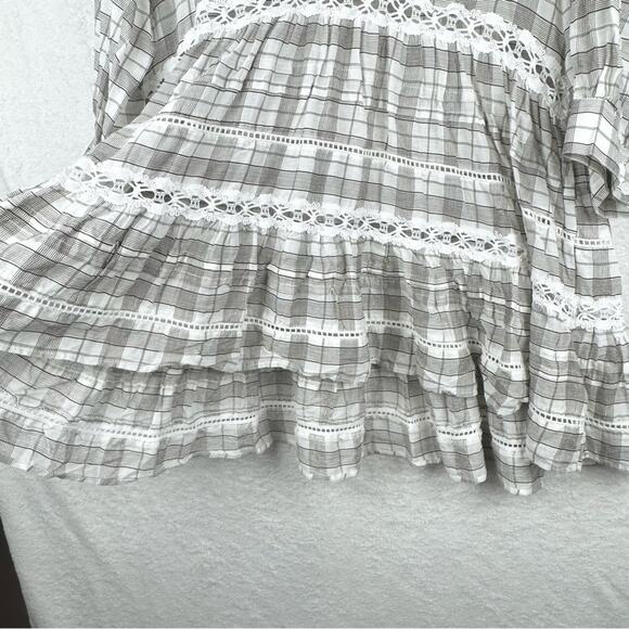 NWT Free People Time Out Lace Trim Plaid Puff Sleeve Trapeze Tunic Blouse Sz M - Picture 9 of 15